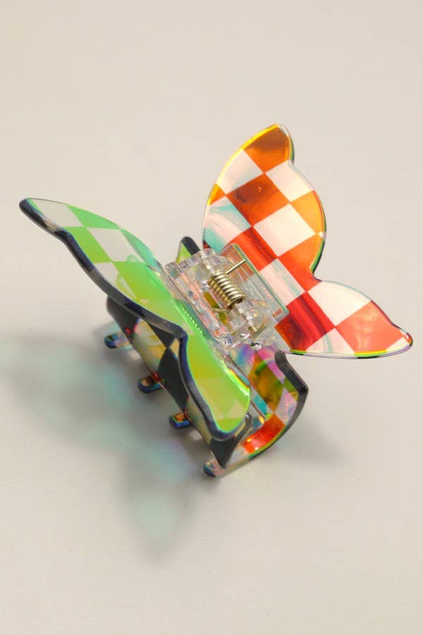 Checker Butterfly Holographic Hair Claw Clips