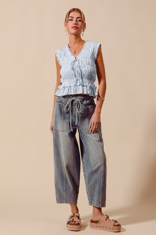 Mid Rise Wide Leg Denim Jeans w/Drawstring