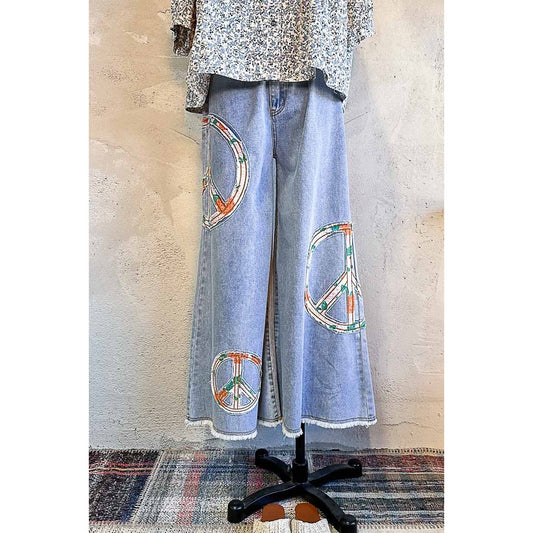 Peace Patch Wide Pants with Elastic Band
