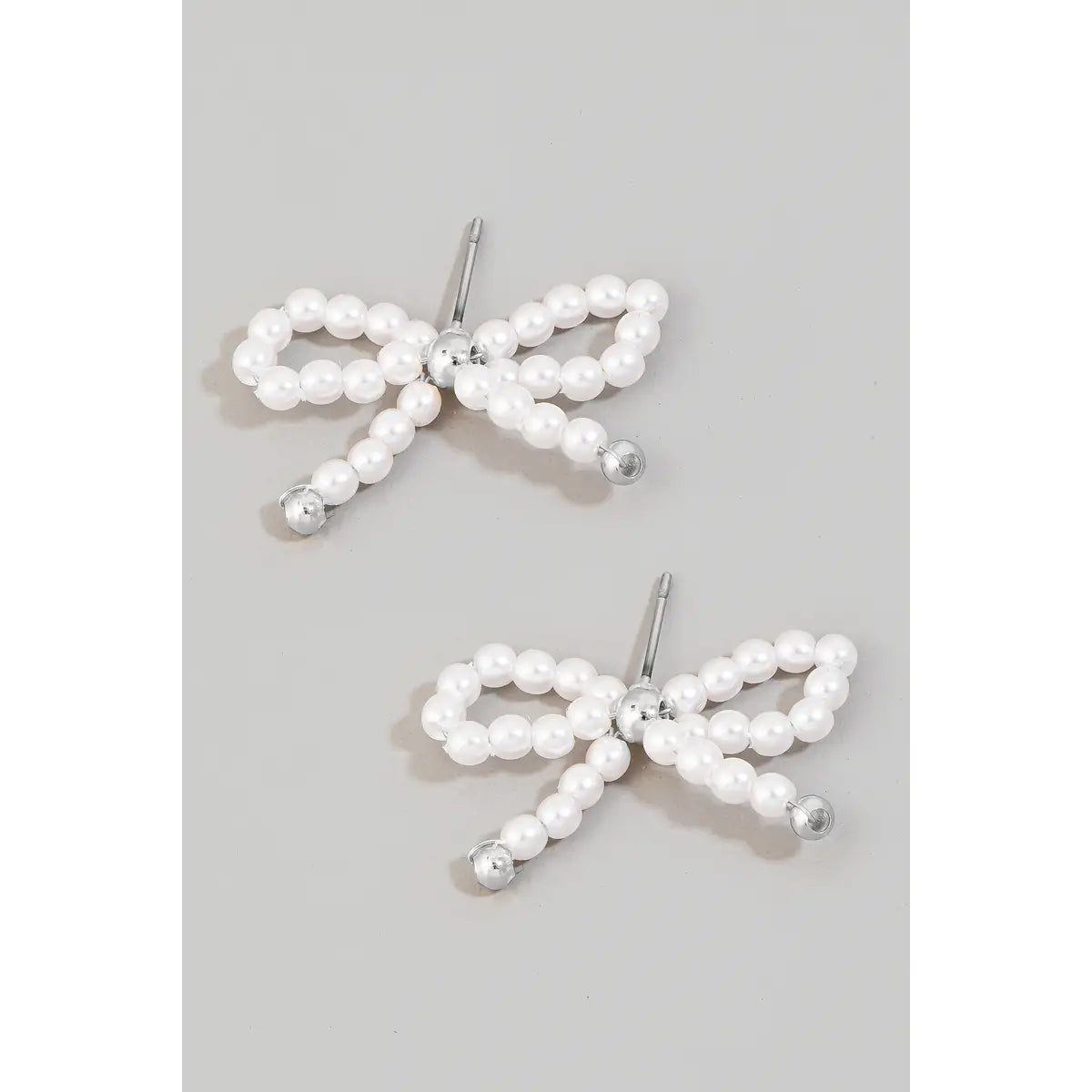 Pearl Beaded Ribbon Bow Stud Earrings