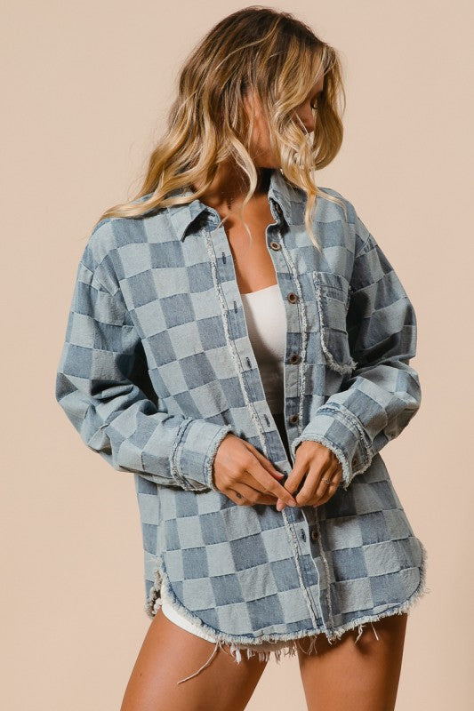 Frayed Edged Detail Washed Checker Denim Shirt