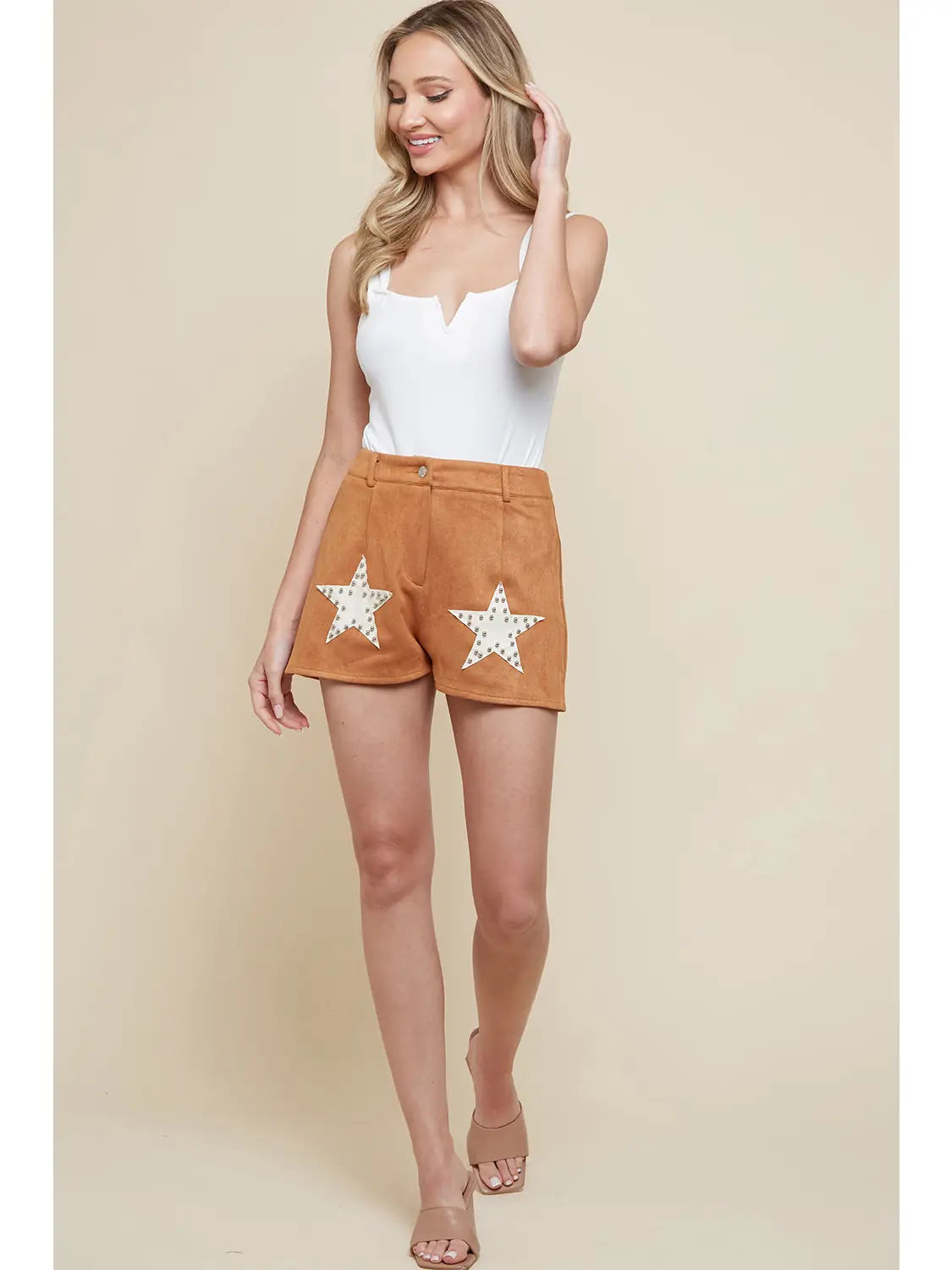 Camel Suedette Star Shorts