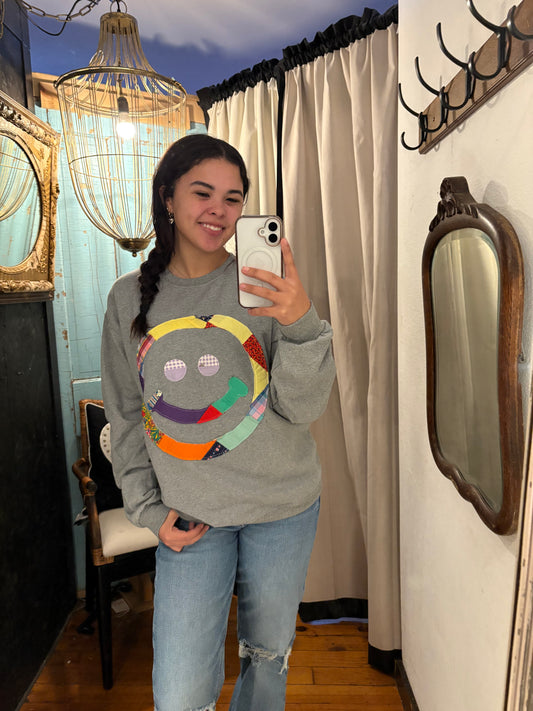 Quilted Smiley Face Sweatshirt - Grey