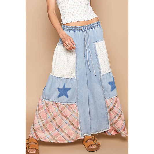 Star Patch Detail Solid Chambray Wide Pants - Denim