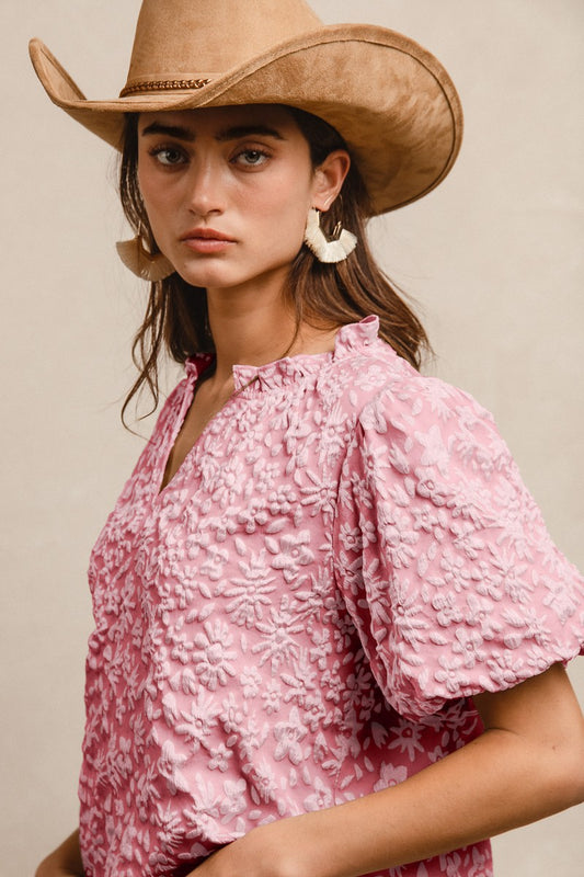Floral Pattern Textured Short Balloon Sleeve Top - Blush