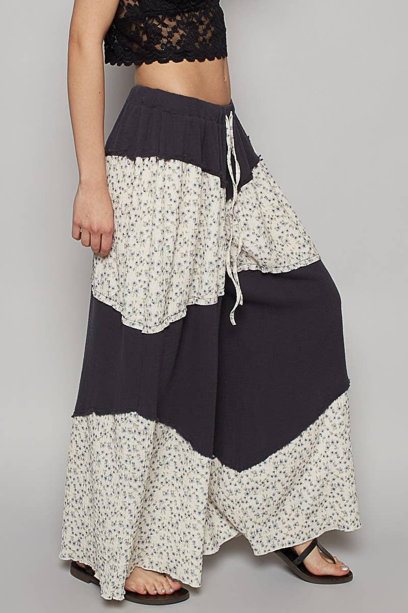 Contrast Floral Double Gauze Woven Pants
