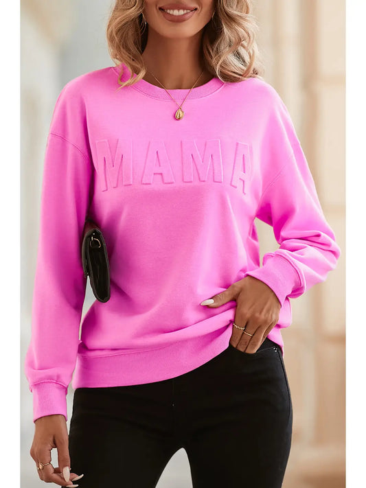 Bright Pink Mama Letter Embossed Casual Sweatshirt