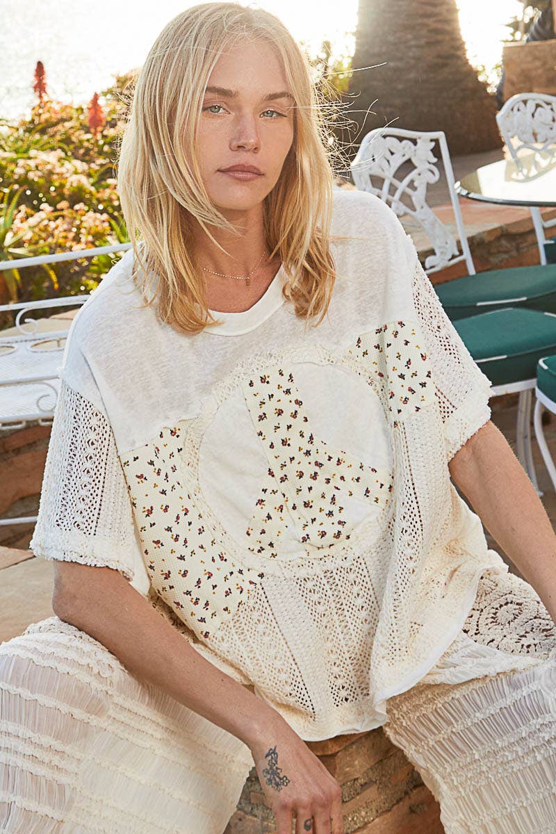 Oversize Round Neck Crochet Print Peace Top