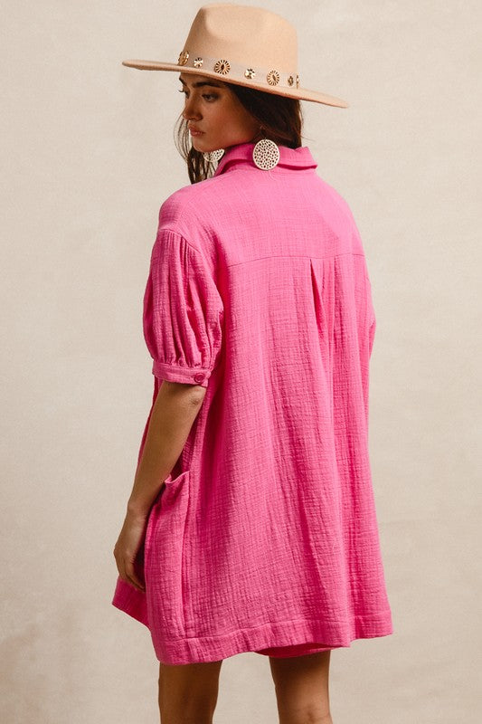 Slub Cotton Solid Tuck Short Sleeve Romper - Fuschia