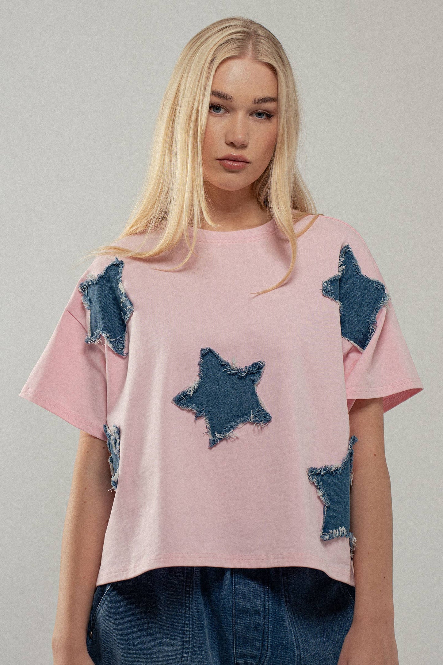 Distressed Denim Star Appliqué Tee