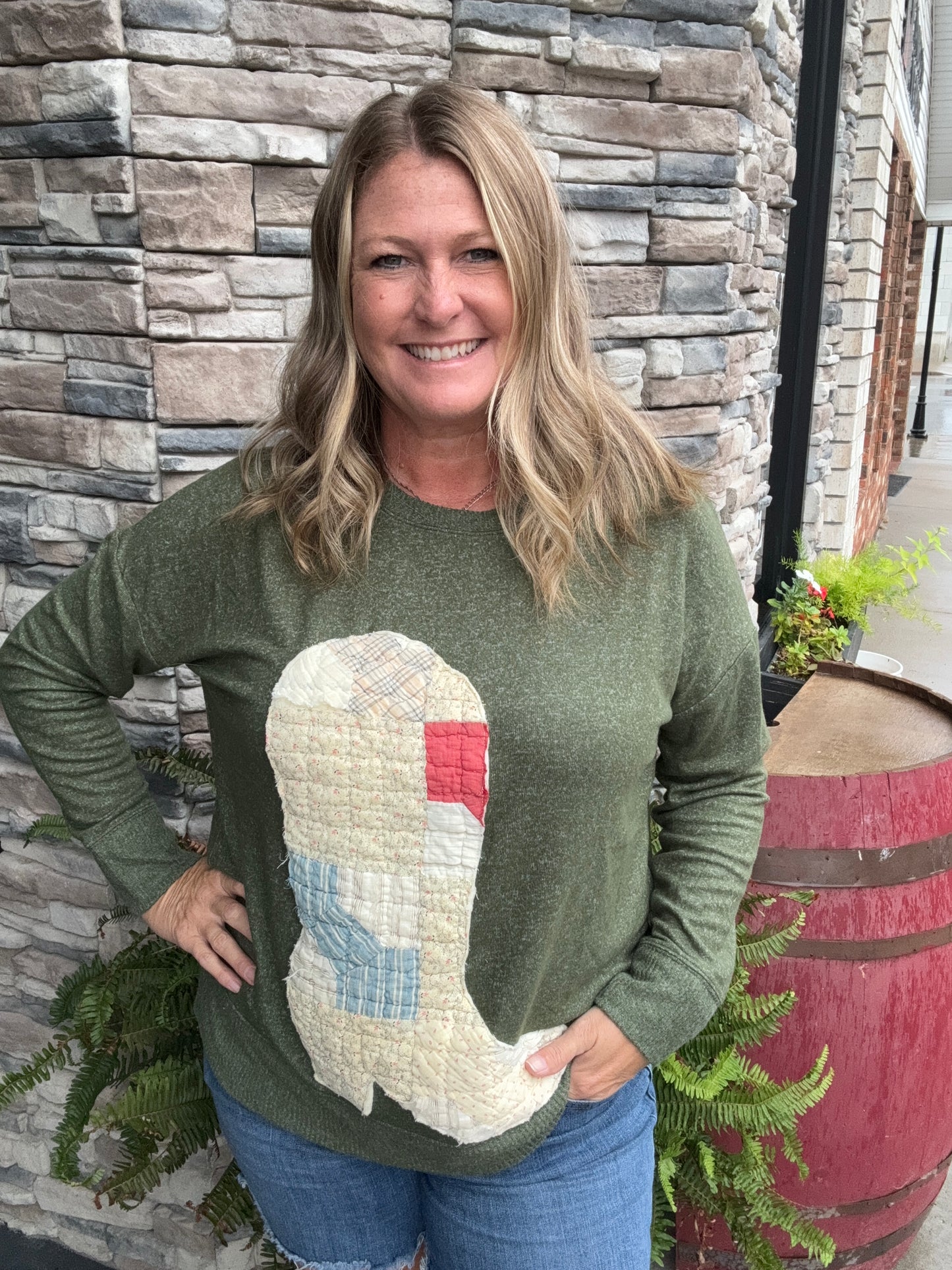 Vintage Quilt Boot Patch Sweatshirt - Olive Green