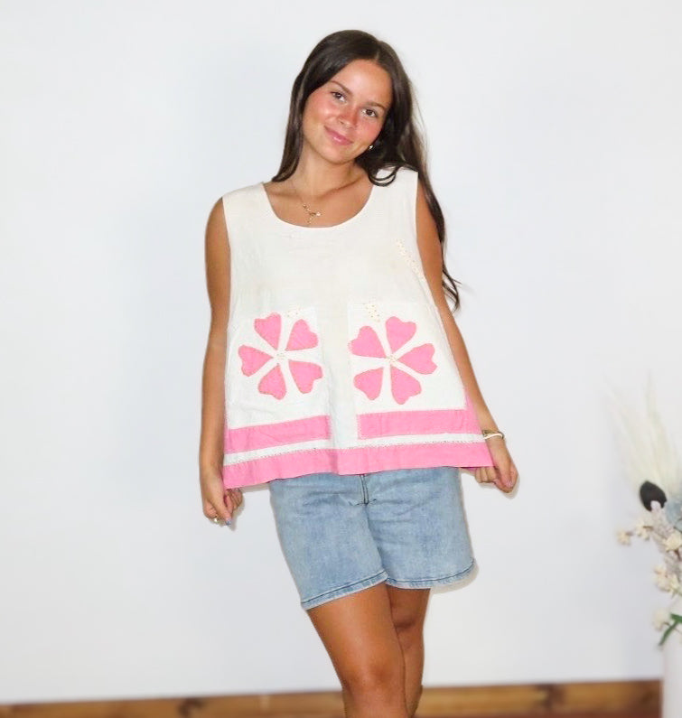 Vintage Pink Heart Flower Sleeveless Top