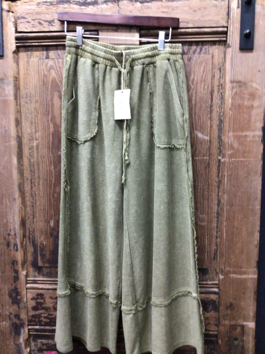Washed Wide Leg Palazzo Pants - Olive