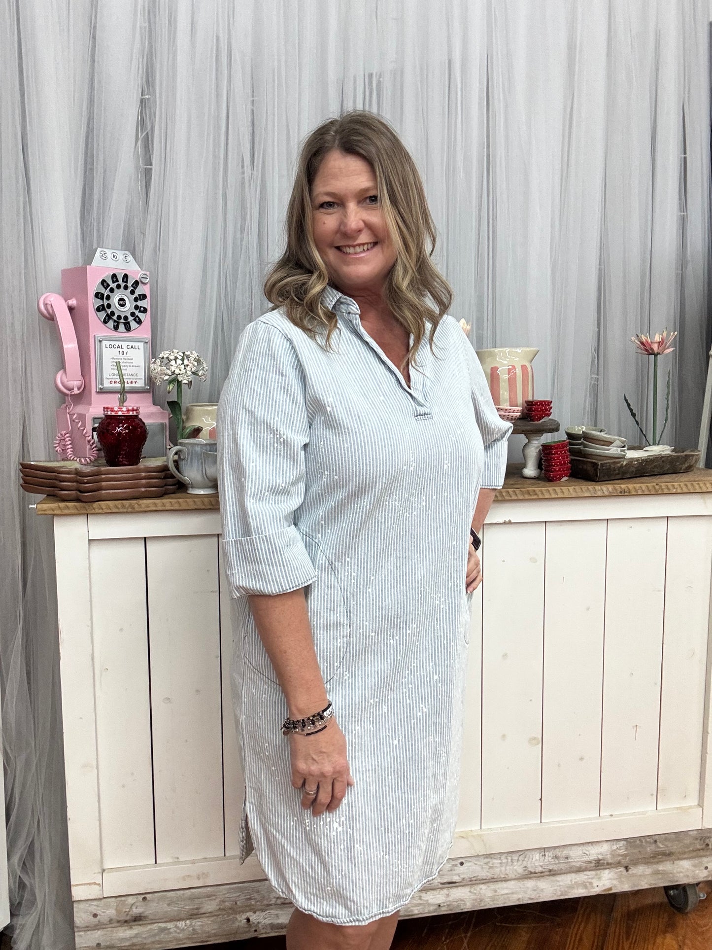 Striped Paint Splatter Denim Dress