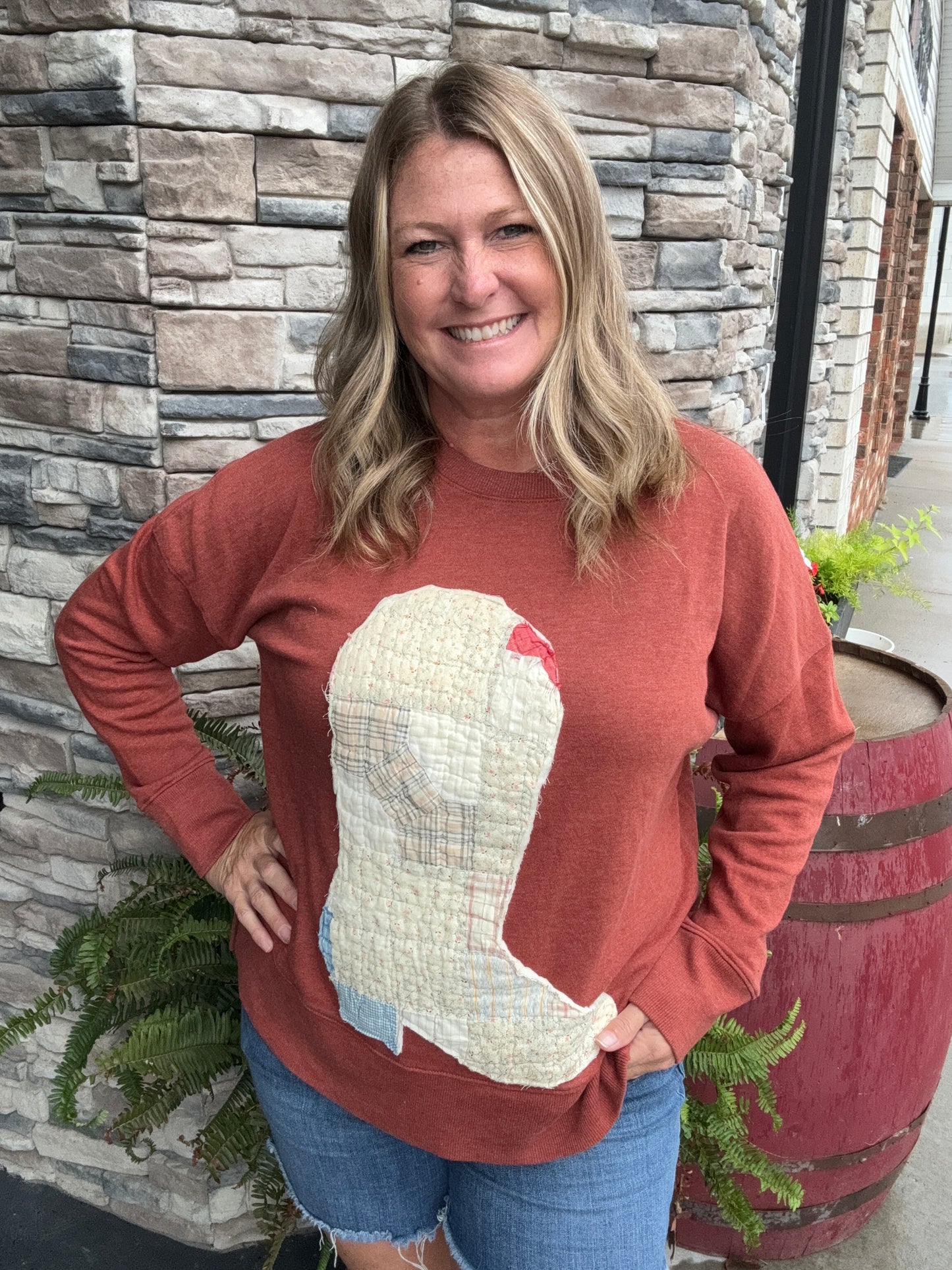 Vintage Quilt Boot Patch Sweatshirt - Burnt