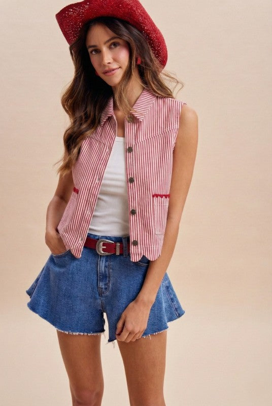 4th of July Striped Cotton Scallop Vest Jacket