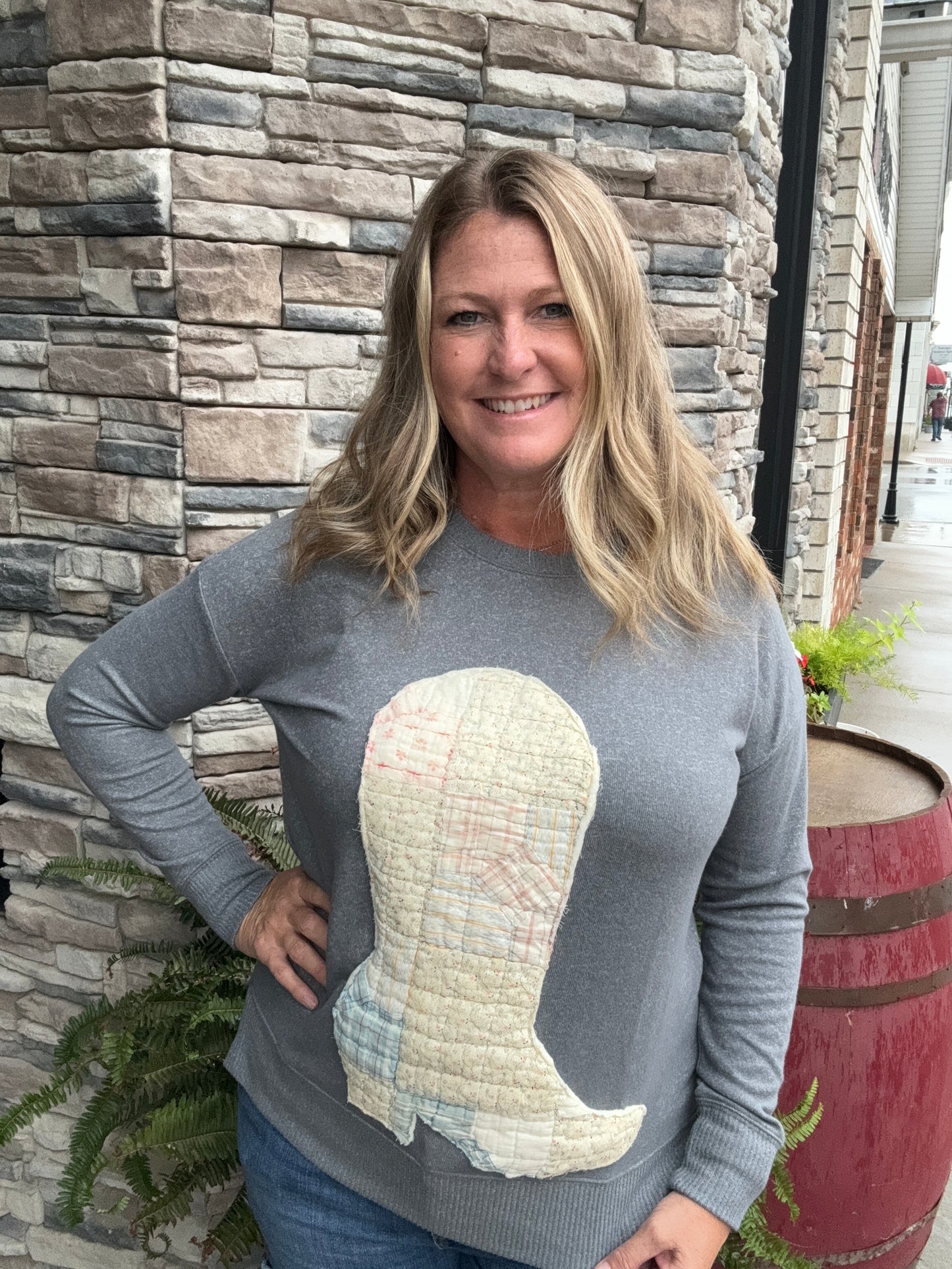 Vintage Quilt Boot Patch Sweatshirt - Grey