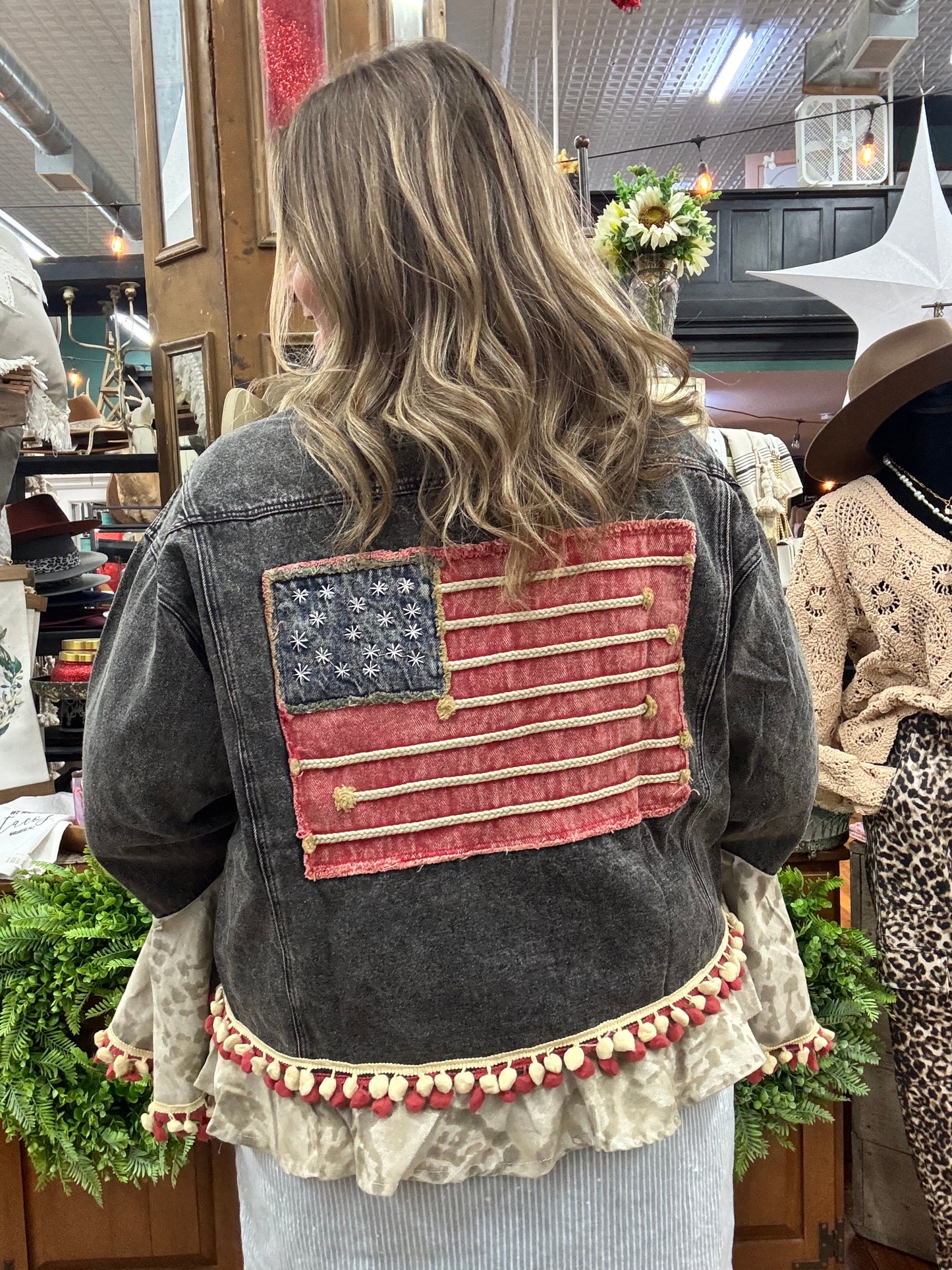 Black Denim American Flag Applique Jacket