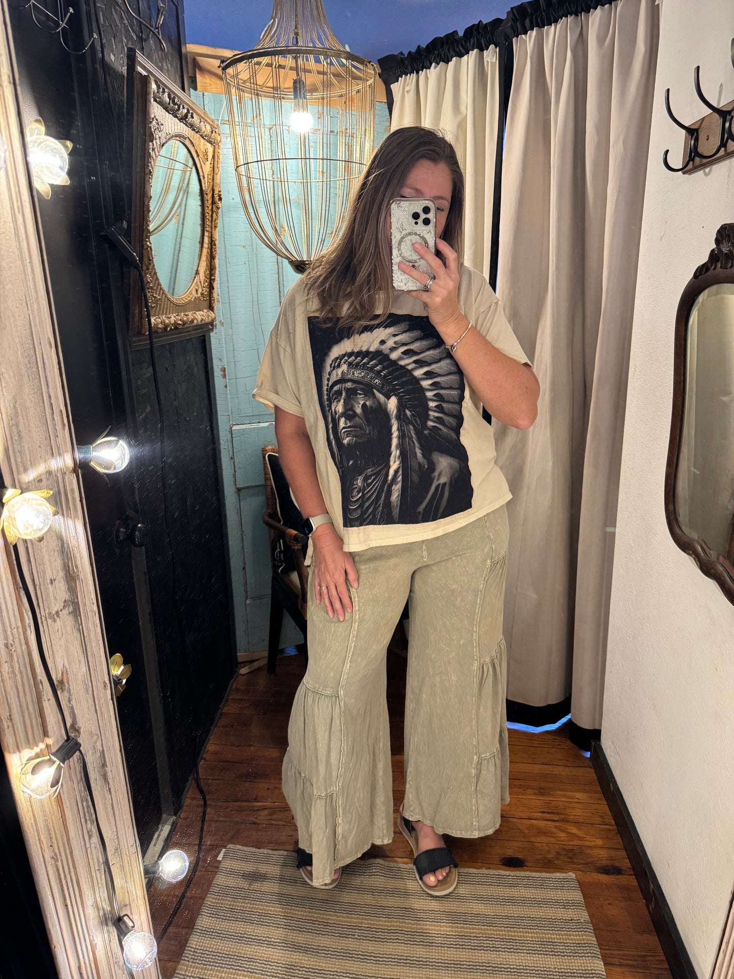 Mineral Wash Tiered Pants - Olive