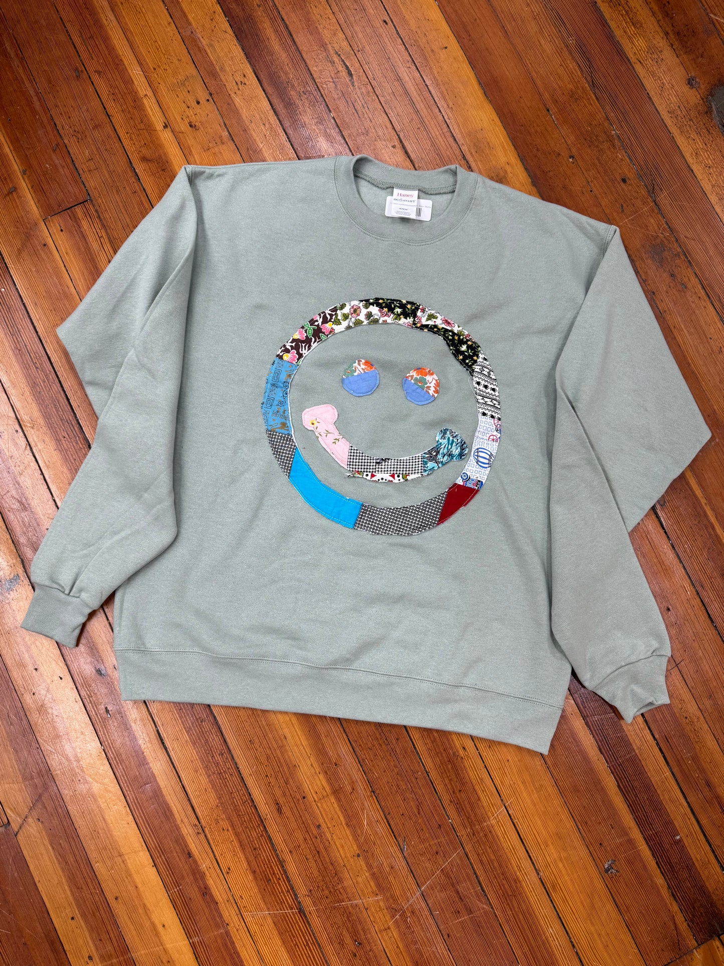 Quilted Smiley Face Sweatshirt - Sage