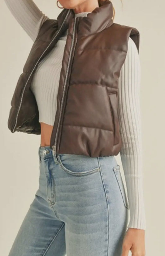 Faux Leather High Neck Zipup Puffer Vest