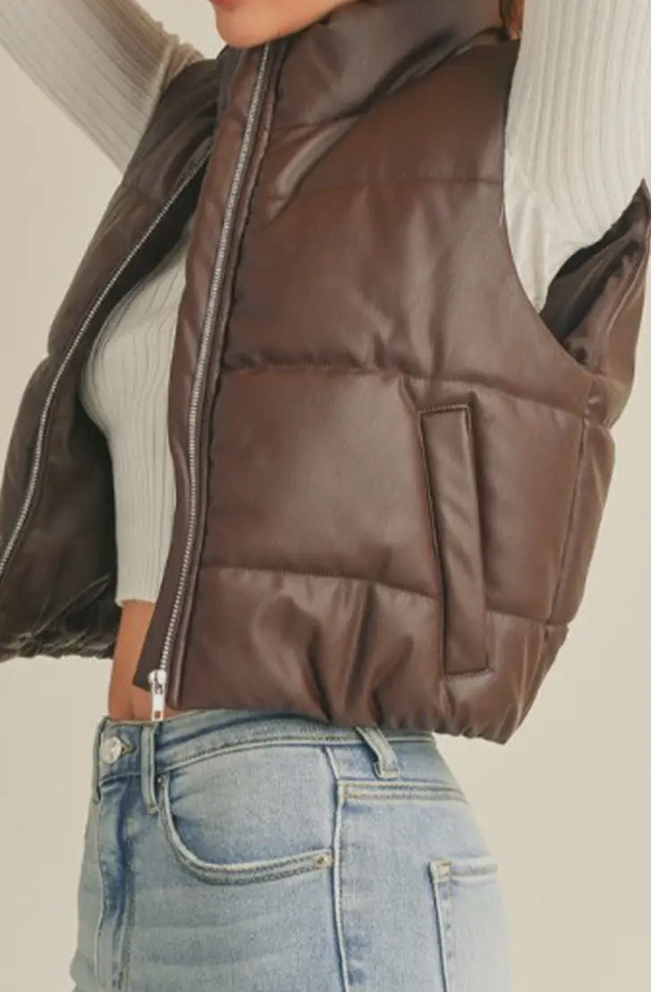 Faux Leather High Neck Zipup Puffer Vest