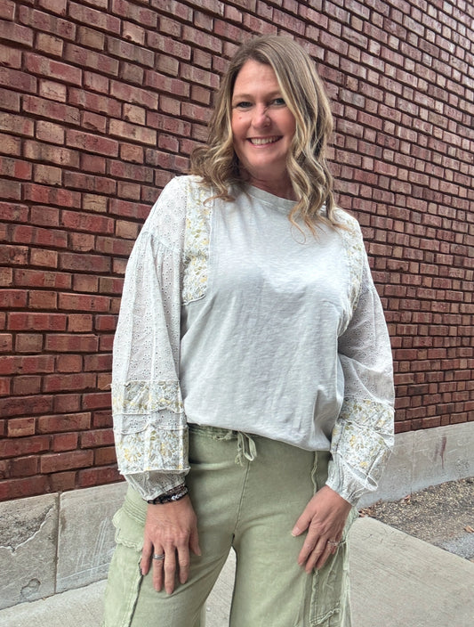 Washed Knit Mix Print Cotton Slub Top - Stone Grey