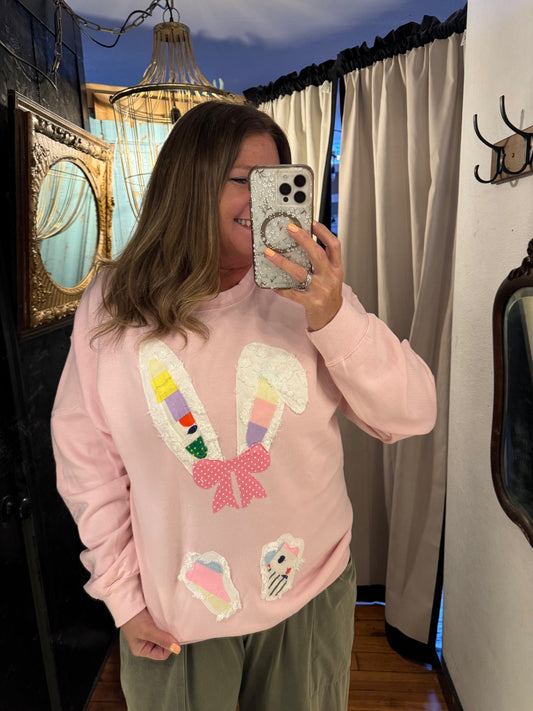 Quilted Bunny Bow Sweatshirt - Pink