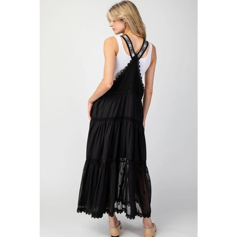 Lace Trim Tiered Overall Maxi Dress - Black