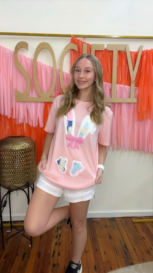 Quilted Bunny Bow Tee- Pink