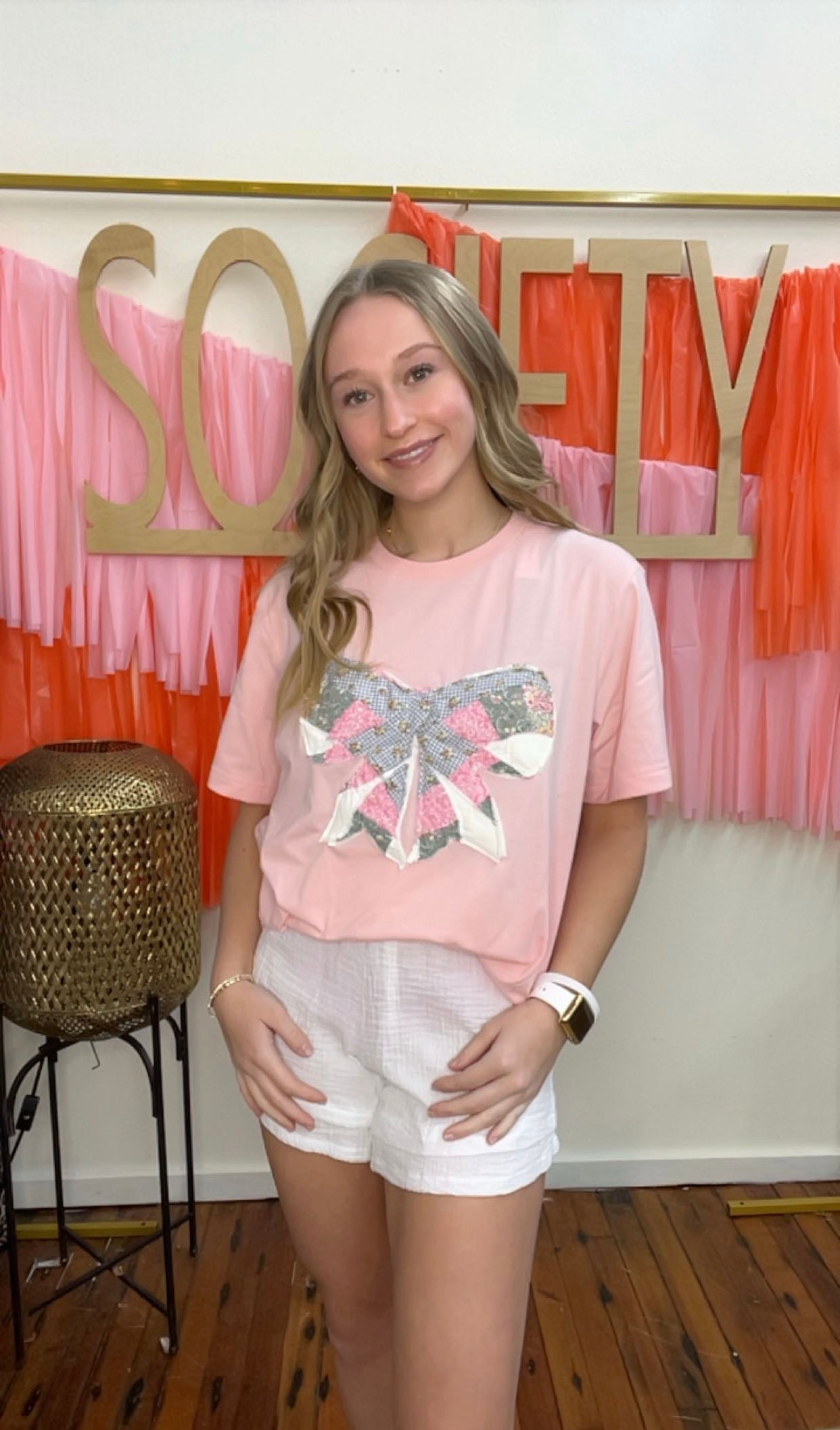 Vintage Quilt Bow Tee- Pink