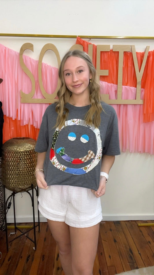 Quilted Smiley Face Tee- Grey