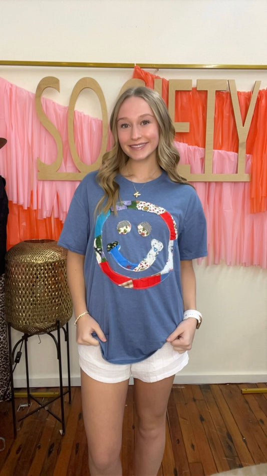 Quilted Smiley Face Tee- Blue
