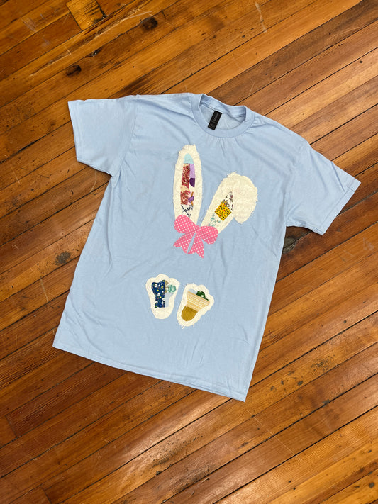 Quilted Bunny Bow Tee- Light Blue