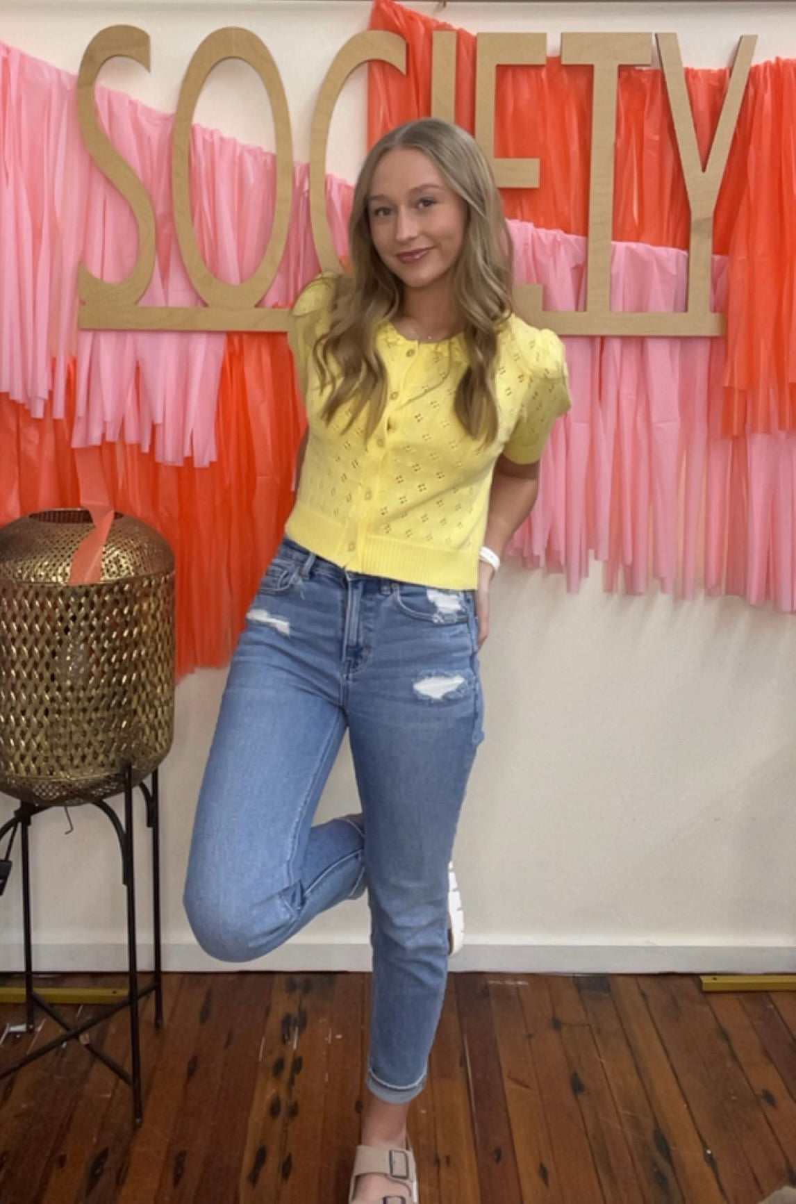 Cute Pointelle Open Knit Puff Sleeve Top - Yellow