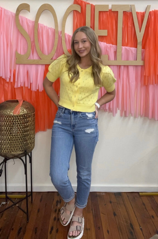 Cute Pointelle Open Knit Puff Sleeve Top - Yellow