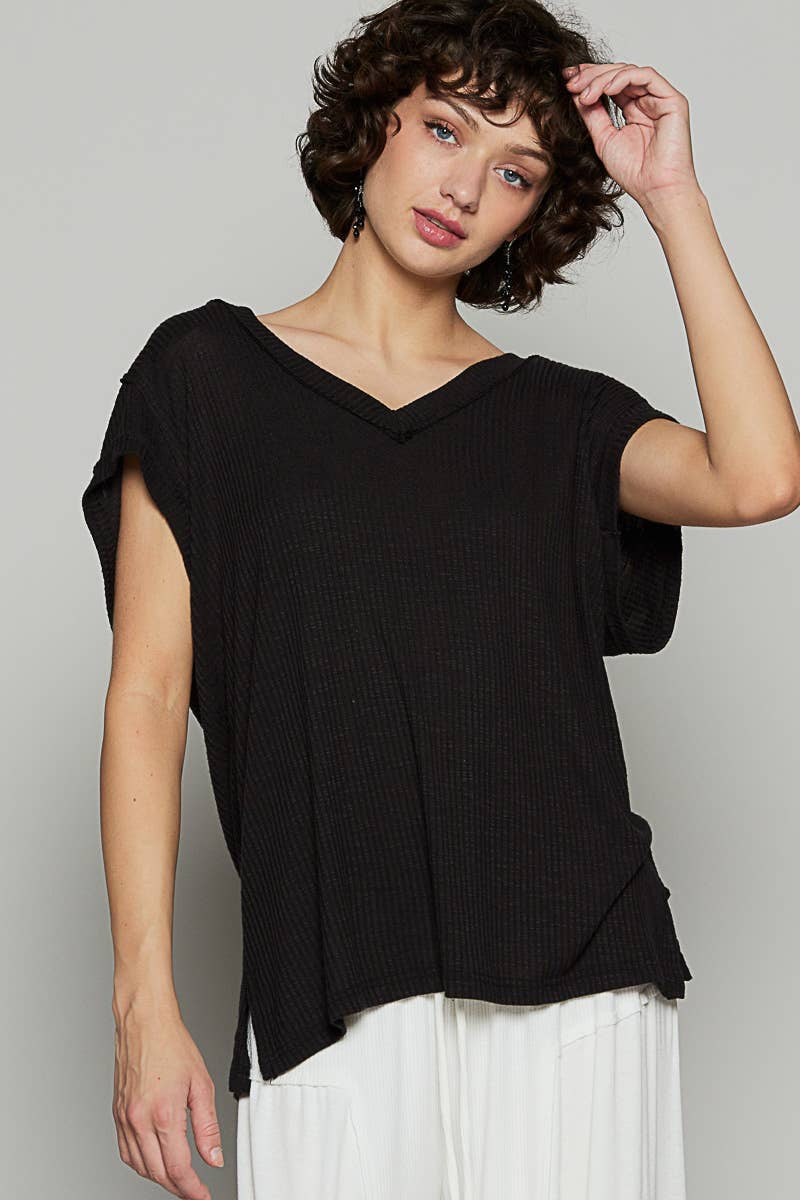 V-neck Short Sleeve Solid Basic Top- Black