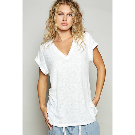 V-neck Short Sleeve Solid Basic Top- Off White