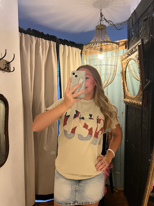 Vintage Quilt USA Patch Knit Tee - Tan