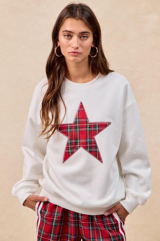 Christmas Plaid Star Patch Pullover With Rhinestones