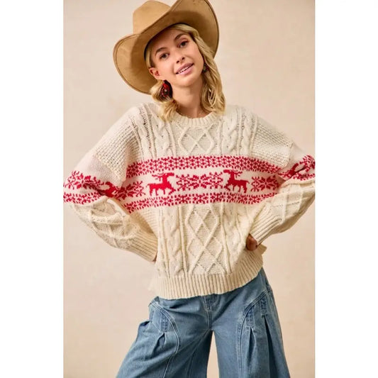 Christmas Theme Patterned Cable Knit Sweater