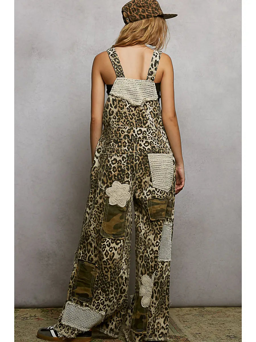 Crochet Patch Detail Chest Pocket Woven Overalls- Sand Leopard