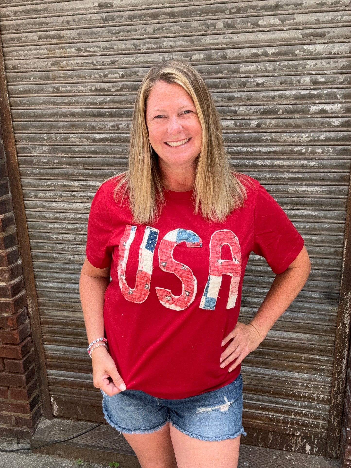 Vintage Quilt USA Patch Knit Tee - Red