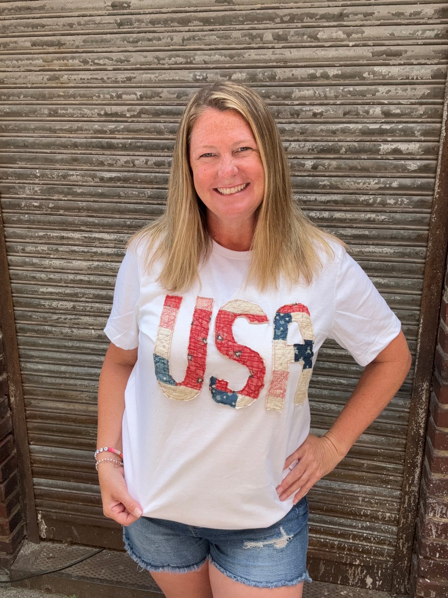 Vintage Quilt USA Patch Knit Tee - White