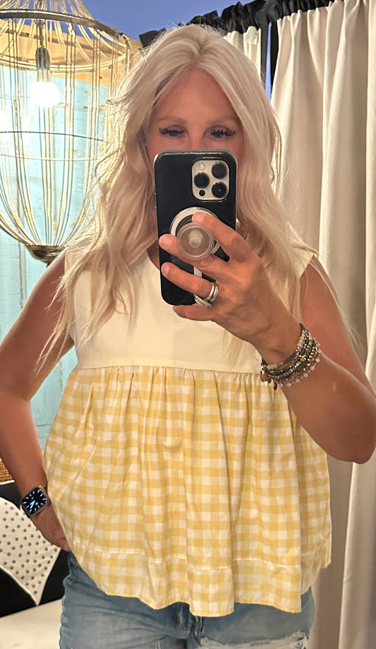 Sleeveless Yellow Checkered Tablecloth Top
