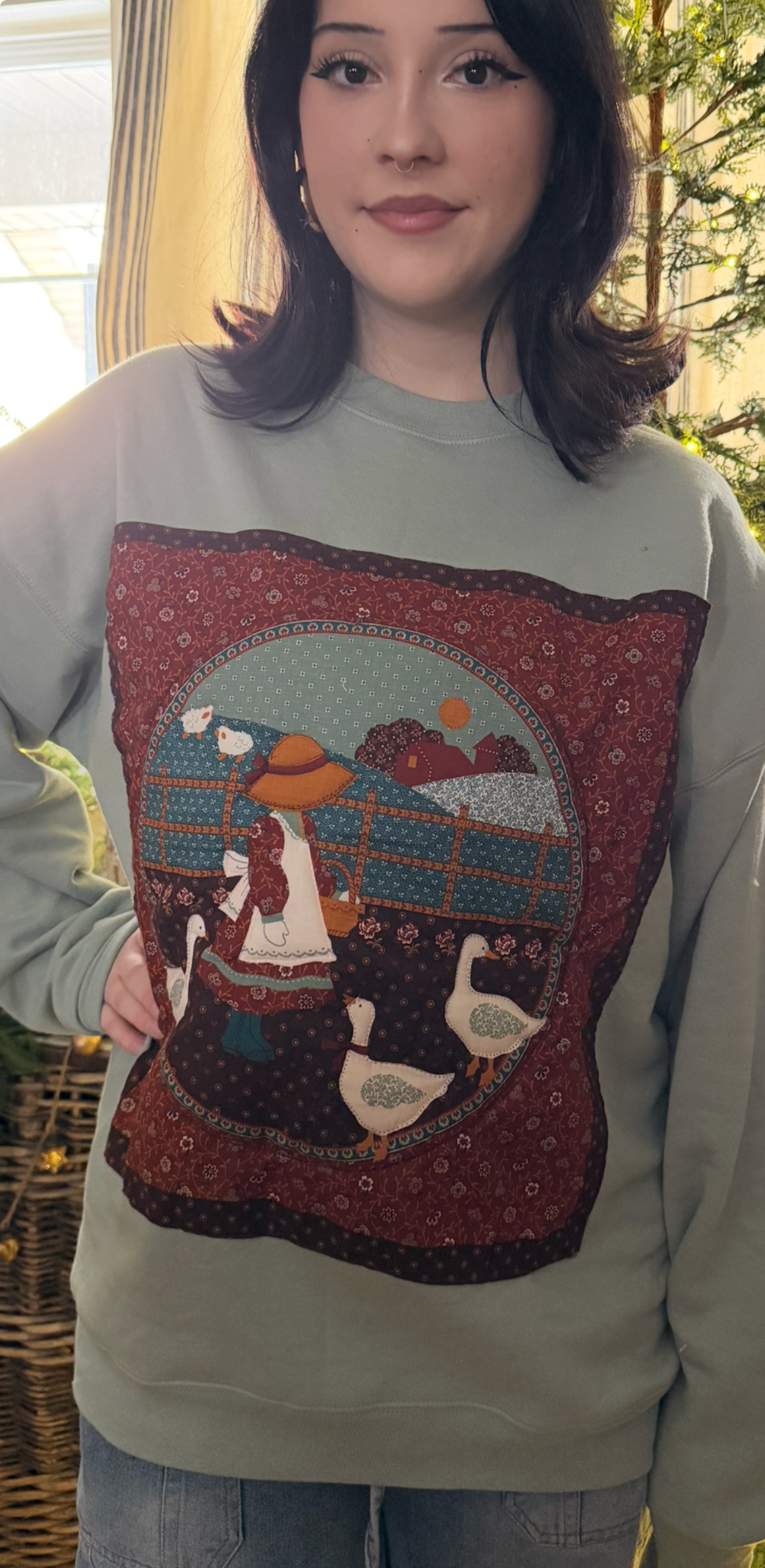 Girl with Geese Handmade Sweatshirt - Sage