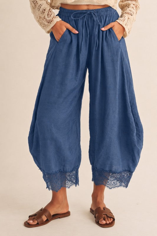 Boho Lace Trim Barrel Ballon Pants - Deep Denim