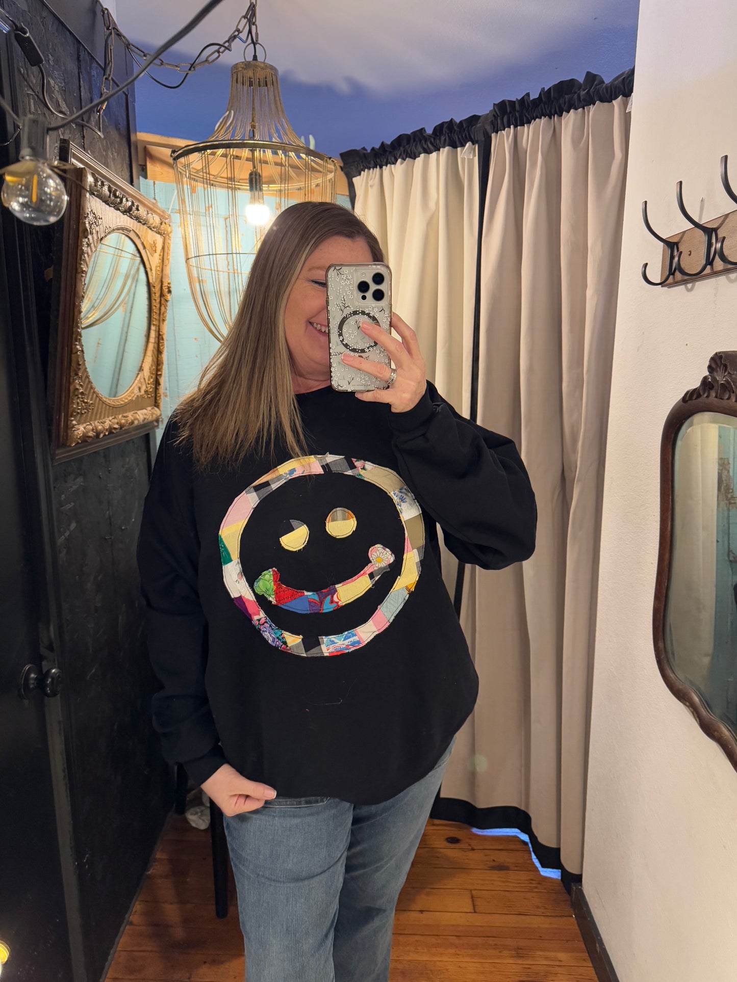 Quilted Smiley Face Sweatshirt - Black