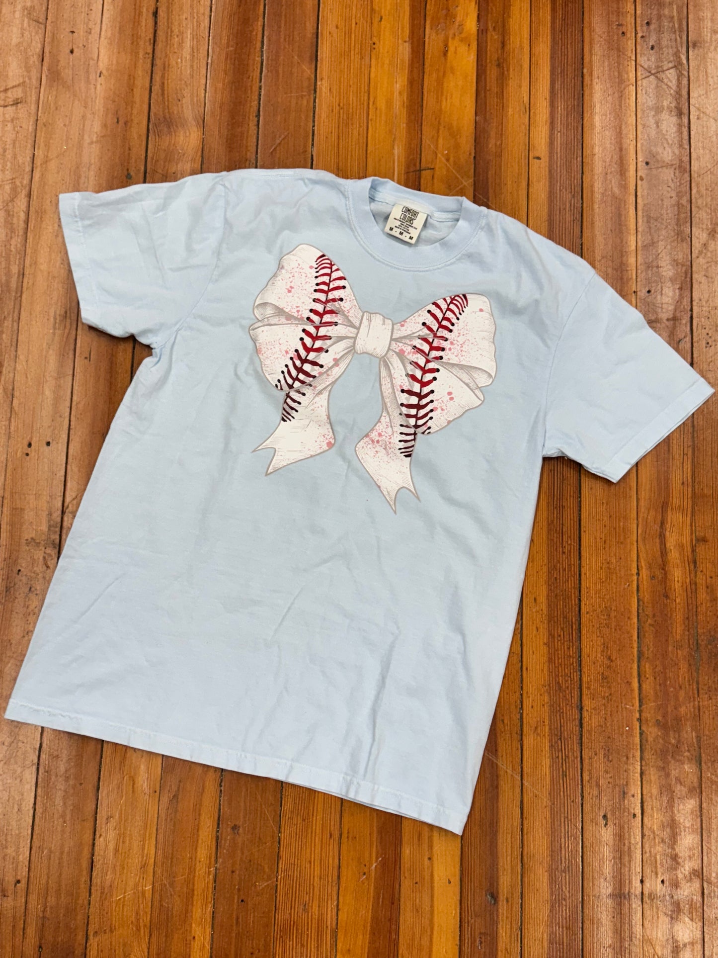 Baseball Coquette Bow Graphic Tee.- Chambray