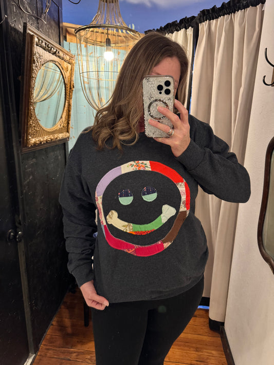 Quilted Smiley Face Sweatshirt - Charcoal